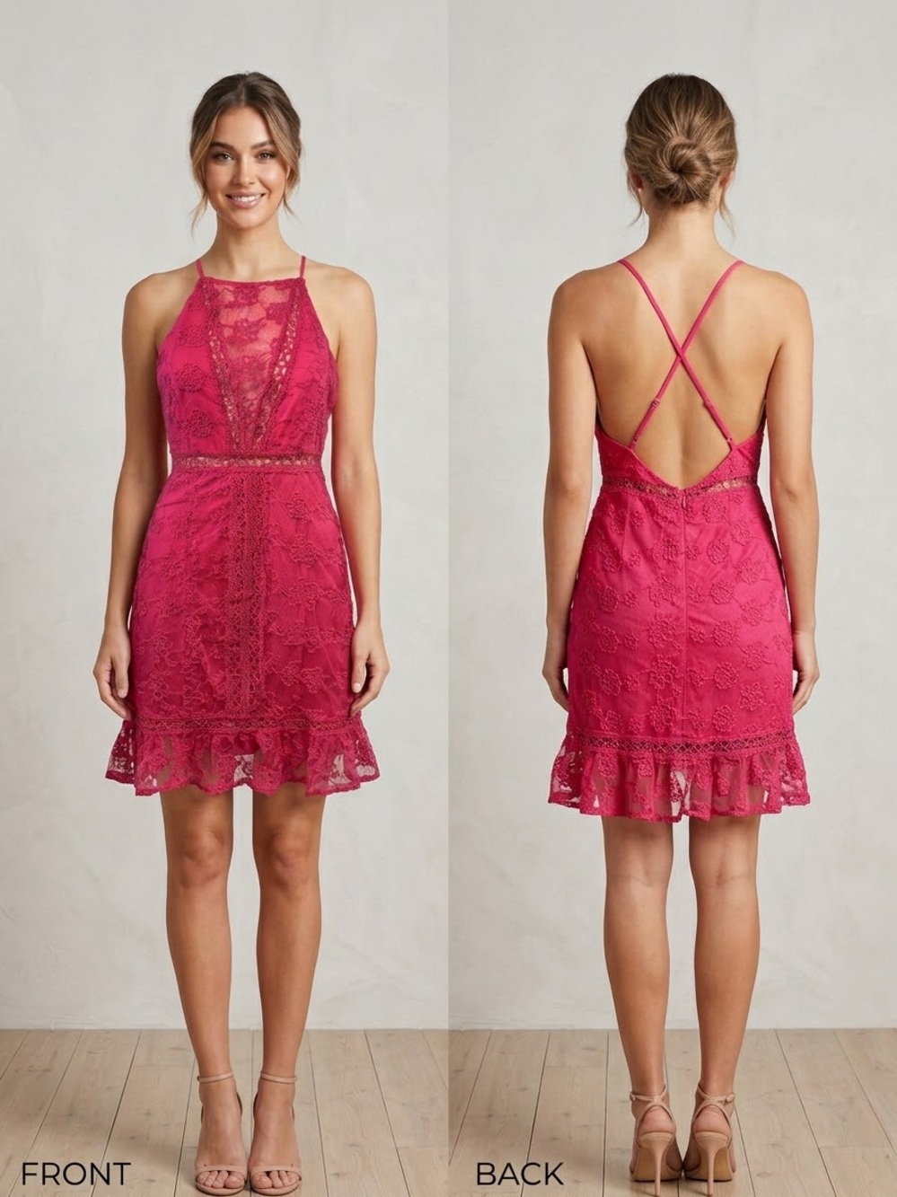 VENUS Pink Floral Lace Halter Backless Sheath Knee Length Dress Size 10